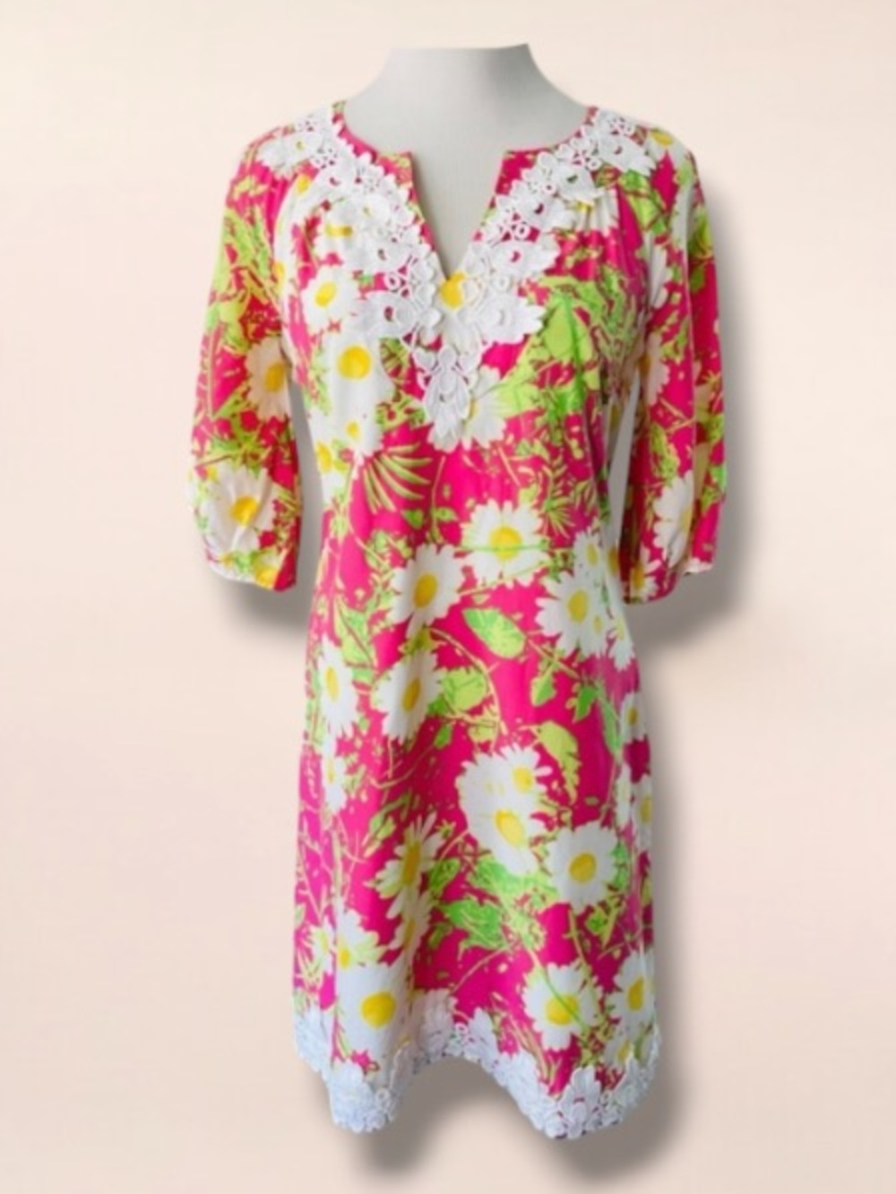 Lilly Pulitzer Multicolor White Lace SILK Cotton Dress Size 4 EUC